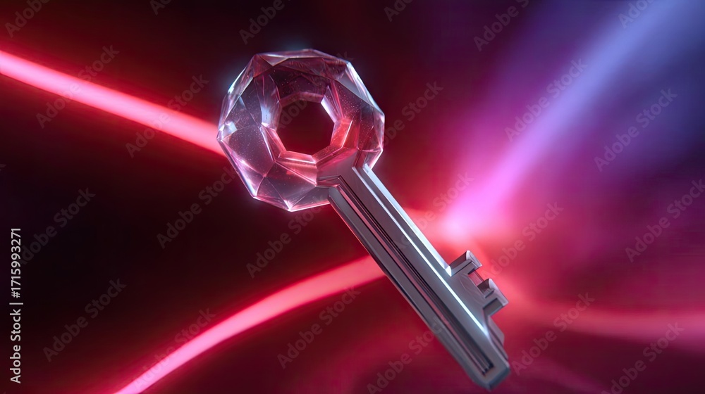 Poster passwordless login with key and lock concept. a glowing key amidst vibrant, swirling light patterns.