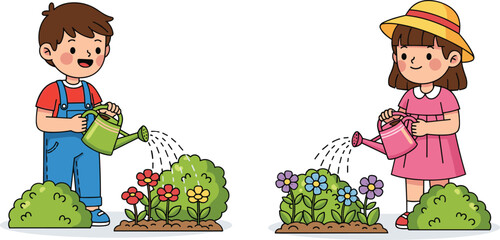 Cartoon children watering flowers, gardening kids, outdoor activity, colorful flower beds, boy and girl, spring garden, cheerful nature scene, playful illustration