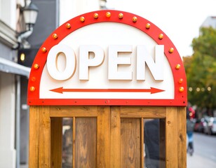 Open sign, wooden kiosk