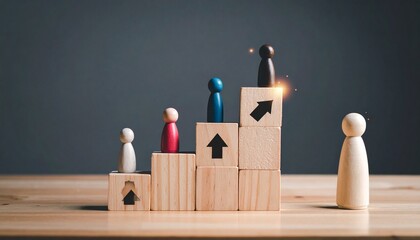 Wooden staircase of ascending blocks with figurines and arrows—highlighted top figure and mentor evoke growth, achievement, and symbolic personal development in structured motivational composition.