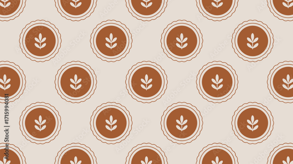 Poster repeating pattern of brown circles with leaf motif on a light beige background in a symmetrical layo