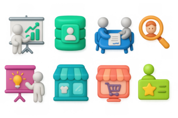 3d business and shopping icons with playful colors and concepts