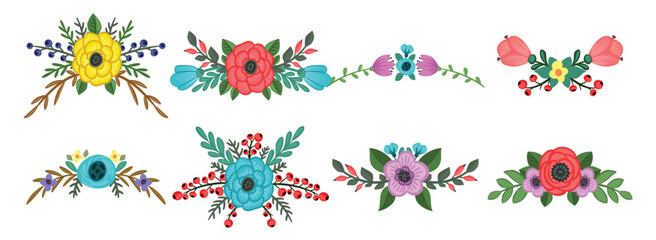 A vibrant floral frame. A collection of painted floral illustrations with purple, pink, orange, and yellow flowers, and green leaves on a cream background. vector illustration.