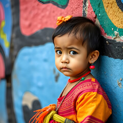 A young child stands against a colorful wall, wearing traditional clothing and bright accessories. Their curious expression captures a blend of culture and childhood innocence