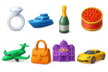 Luxury lifestyle icons set featuring travel, fashion, and leisure objects