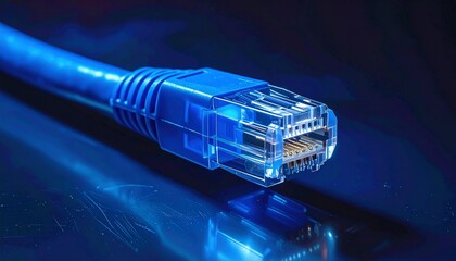Blue Ethernet cable with transparent RJ45 connector—precise, sleek, and wired for connection. A close-up of digital infrastructure, where speed and clarity meet in silent transmission.