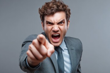 Furious Executive in Suit Shouting and Directing Finger at Viewer
