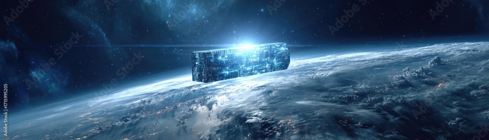 Poster passwordless login with key and lock concept. futuristic spaceship orbiting a blue planet in deep sp