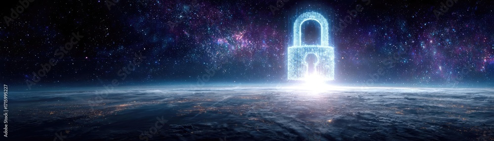 Poster passwordless login with key and lock concept. futuristic lock symbolizing security in digital space.