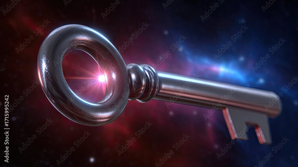 Poster passwordless login with key and lock concept. a metallic key floating in a cosmic space background