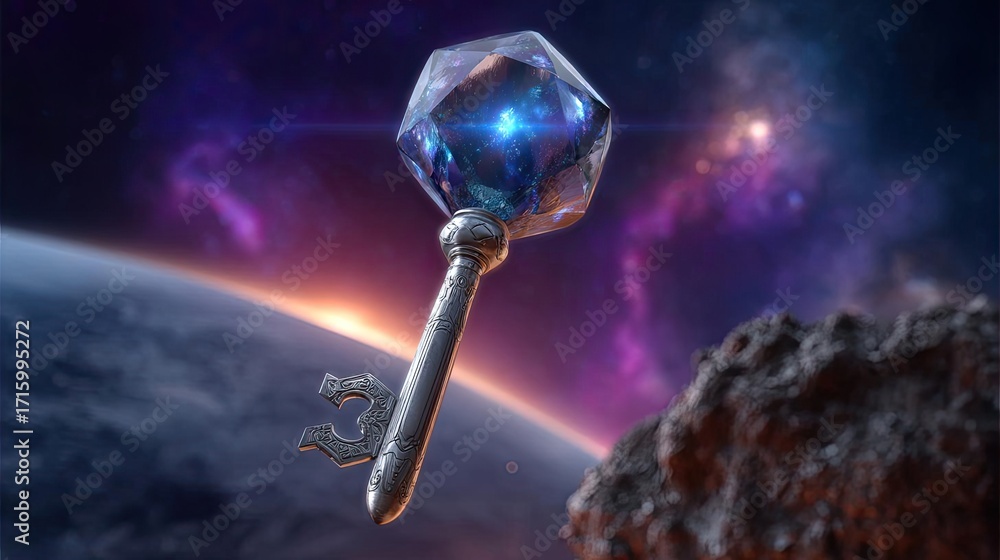 Poster passwordless login with key and lock concept. a futuristic key floating in space with a cosmic backg