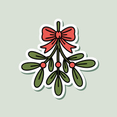 Fototapeta premium Festive Mistletoe Sprig with Red Bow and Berries on a Clean White Sticker Look