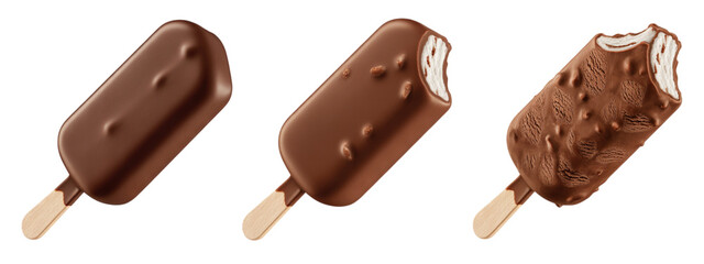 Indulge in creamy vanilla ice cream bars coated in rich chocolate, showcasing a perfectly bitten treat with crunchy nuts and delectable textures