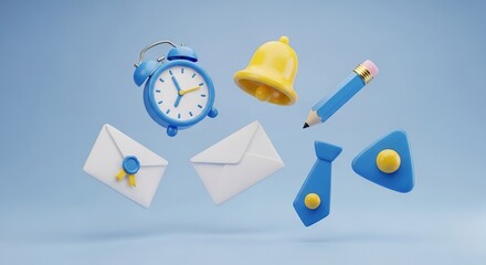 Colorful office supplies and clock floating on blue background