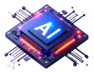 3D icon of an artificial intelligence chip with the letters AI on it, white background, transparent PNG