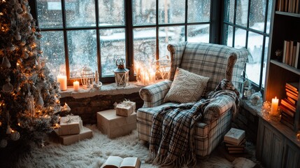 Cozy winter reading nook with armchair and candles by snowy window