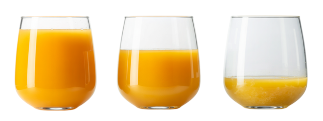 Three glasses showcase vibrant orange juice levels from full to nearly empty, perfect for illustrating consumption, freshness, or beverage advertising.