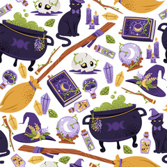 Witchcraft Magic Items Seamless Pattern with Cauldron, Hat, Broom, Black Cat. Occult Halloween Background for Gift Wrap, Textile, Wallpaper Design and Mystic Branding.