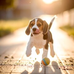Adorable beagle puppy running after a ball