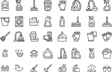 Cleaning Equipment Outline Vector Illustration Set Isolated on Transparent Background