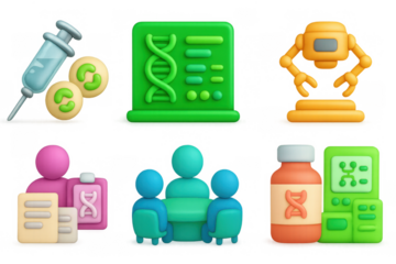 Colorful 3d biotechnology icons featuring dna, robotics, and innovation