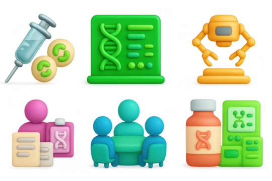 Colorful 3d biotechnology icons featuring dna, robotics, and innovation