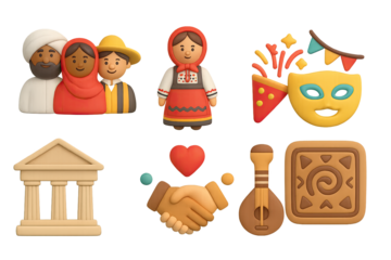 Diverse cultural symbols in modern 3d style with handshake and global unity theme