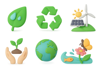 Sustainable energy 3d icons featuring nature, recycling, and renewable energy elements
