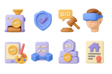 3d blockchain and nft icons featuring secure transactions, bidding, and virtu…