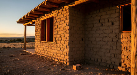 Rural adobe house bathed in golden light, evoking traditional living and the warm tones of dried corn fields at sunset.