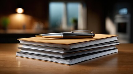 Detailed view of important documents stack concept. A sleek pen rests on stacked notebooks in a cozy workspace.