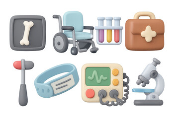 Pastel medical equipment set with 3d style icons and tools