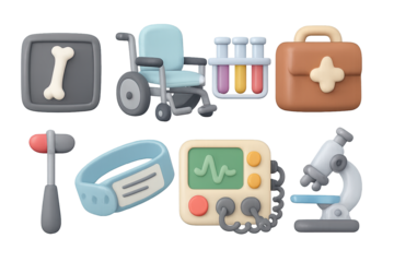 Pastel medical equipment set with 3d style icons and tools