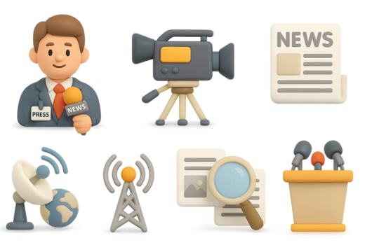 3d news media icons set: journalist, camera, and communication elements