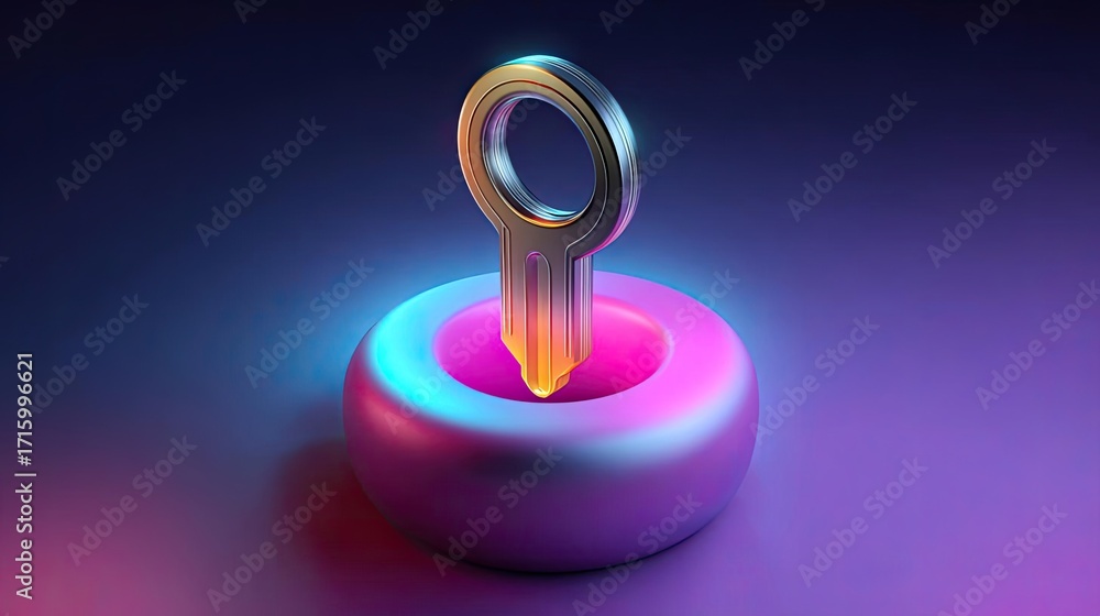 Poster passwordless login with key and lock concept. a futuristic key resting in a colorful, illuminated ho