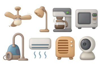 Modern household appliances in soft 3d style with blurred lighting effects