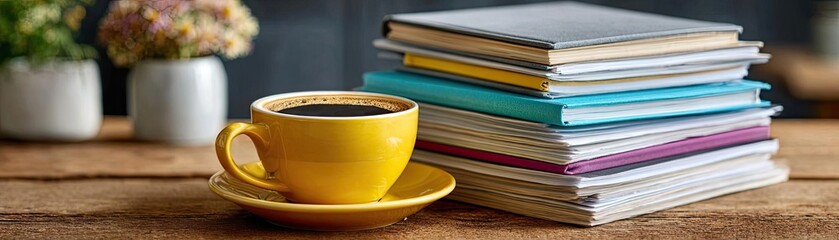 Detailed view of important documents stack concept. A cozy coffee setup with a yellow cup and stacked notebooks.