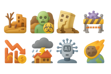 3d apocalypse icons: zombie, earthquake, biohazard, and more