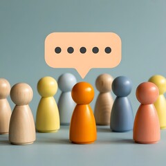 Wooden peg figures in a group with a speech bubble above one figure communication conversation