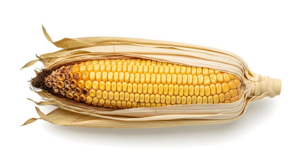 Isolated Dried Corn Ear with Golden Kernels on White Background