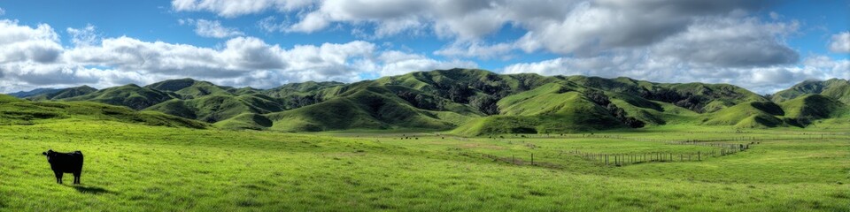 Obraz premium Stunning High-Res Panorama of Verdant New Zealand Farm Land with Rolling Hills and Pastoral Meadows