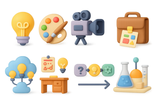 Creative workspace essentials with 3d icon set for innovation and exploration