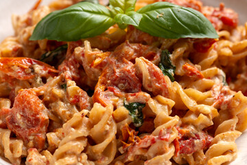 Creamy Fusilli Baked Feta Pasta with Cherry Tomatoes in White Bowl