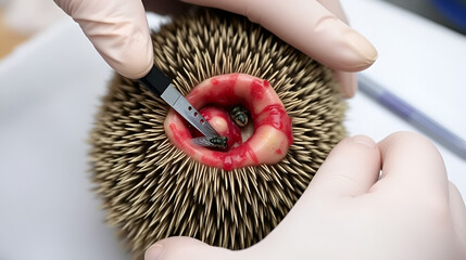 Decontamination of a wound with a miasis lesion on a hedgehog's back,fly larvae hatching, parasites.