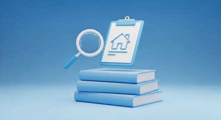 Magnifying glass inspecting real estate document with house icon