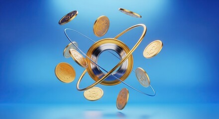 Futuristic digital globe surrounded by orbiting golden cryptocurrency coins