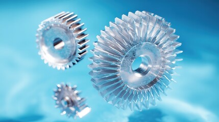Abstract metal gears floating on a gradient blue background, symbolizing business innovation and technology.