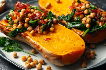Roasted stuffed butternut squash with chickpeas and bacon. Healthy seasonal fall or autumn food.