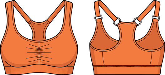 Stylish women's athletic sports bra in vibrant orange with ruched front and adjustable straps, perfect for yoga, gym, and fitness.