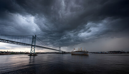 Fototapeta premium View a bridge and ship from above water under a dramatic cloudy stormy sky.
